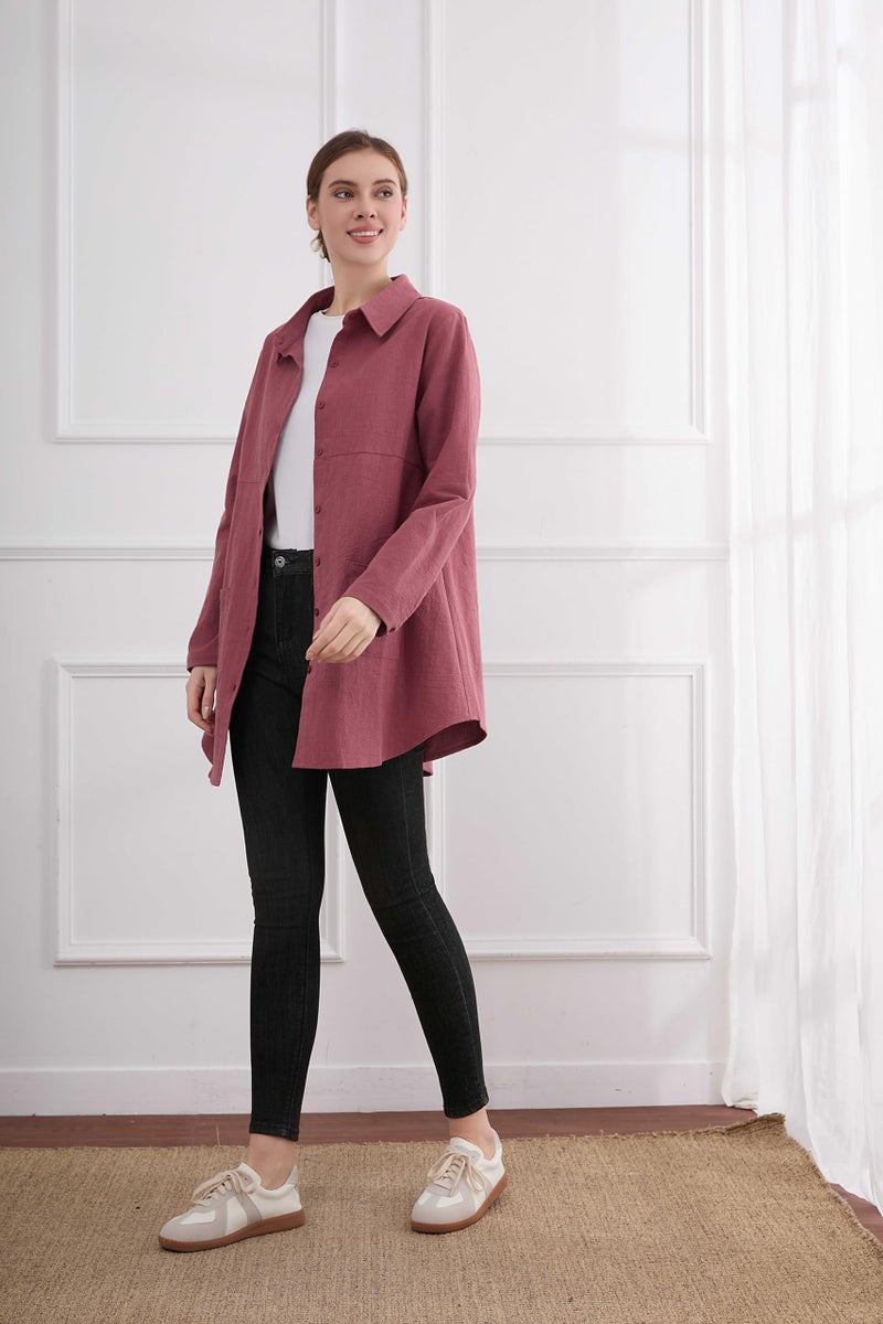 Minibee قمصان نسائية من الكتان من ميني بي بأزرار طويلة بلوزة بحجم زائد مع جيوب حمراء M - Image 4